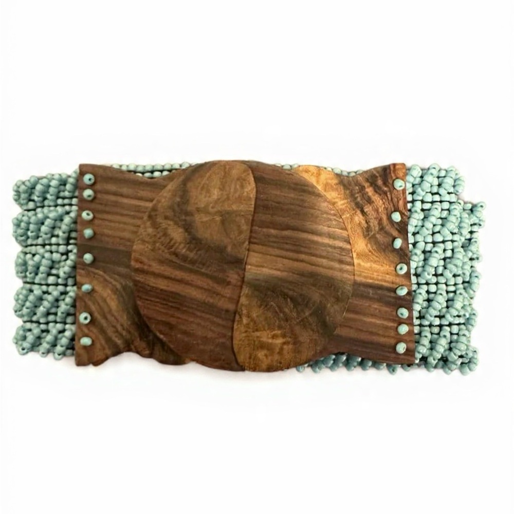 Vintage Boho Beaded Stretch Belt Aqua Blue Glass Seed Beads Carved Wood Buckle